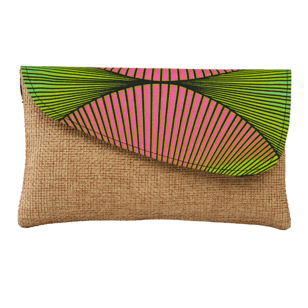 Kadogo Clutch - Tan Base with Pink-Green Flap
