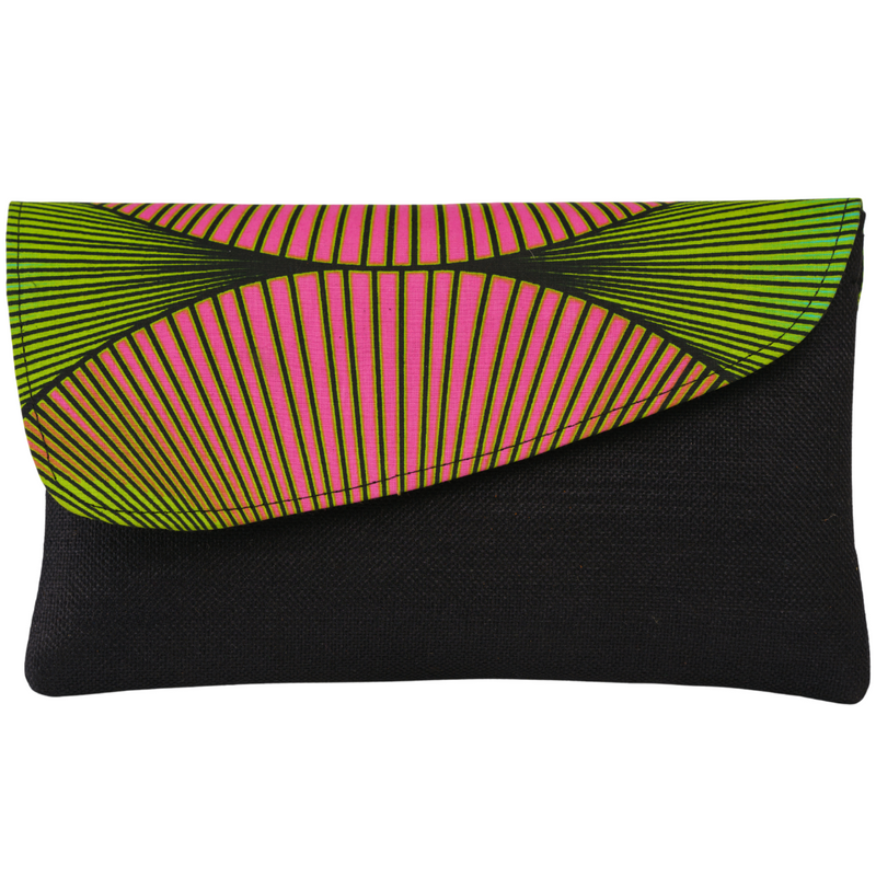 Kadogo Clutch - Black Base with Pink-Green Ankara Flap