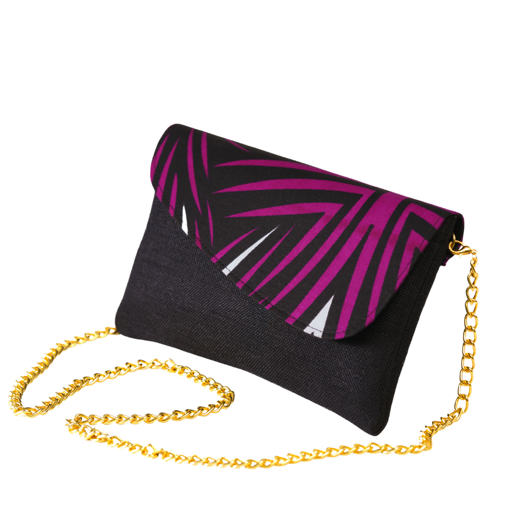 Kadogo Clutch - Black Base with Purple-Black Ankara Flap