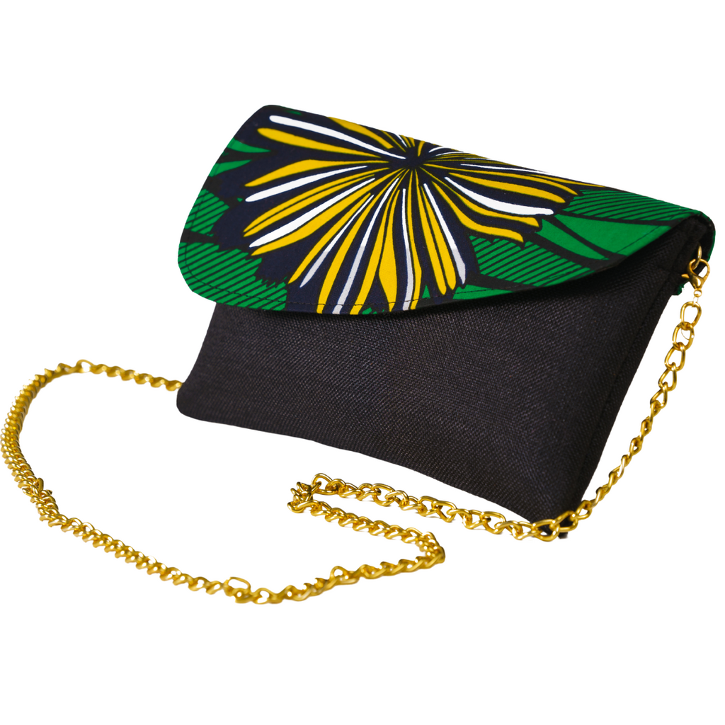 Kadogo Clutch - Black Base with Green-Yellow Ankara Flap