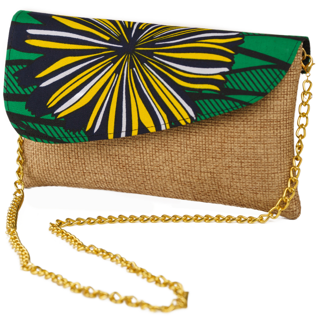 Kadogo Clutch - Tan Base with Green-Yellow Ankara Flap