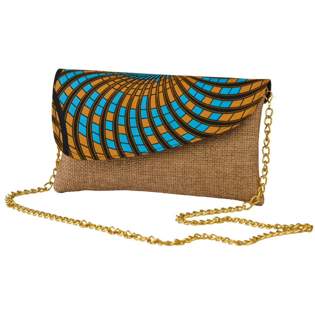 Kadogo Clutch - Tan base with Aqua-Orange Ankara Flap